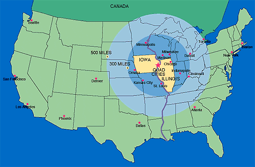 Map Showing Distances to Other Midwest Destinations