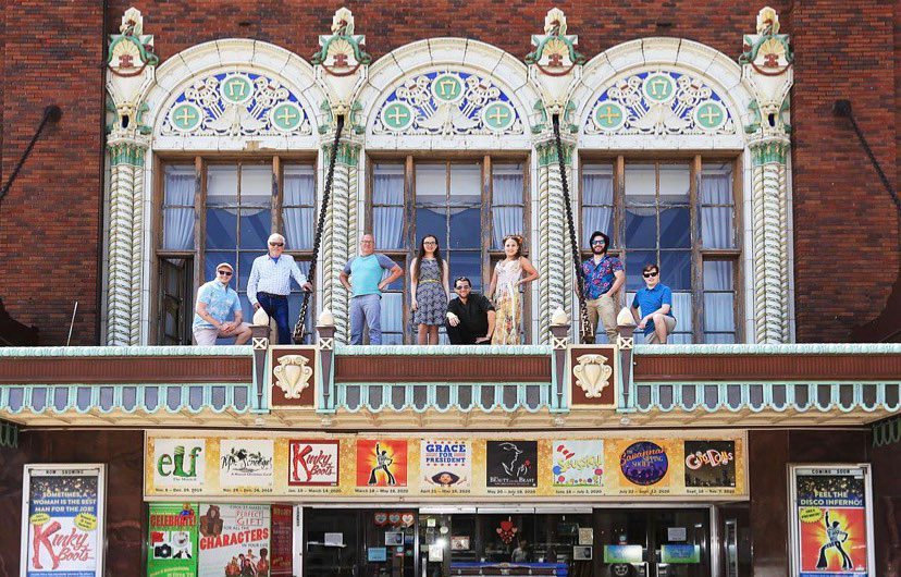 Performers atop the Circa marquee on the 1921 former movie palace.