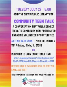 Silvis Library Holding Teen Talk Programs