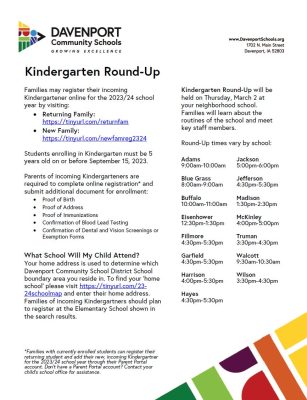Davenport Schools Kindergarten Roundup Coming Up Thursday