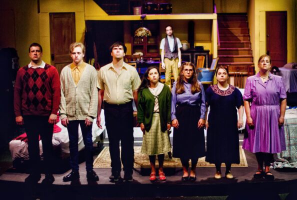The dramatic conclusion of the play, with (L-R) Victor Angelo, Michael Kintigh, Keegan Walker, Emma Terronez, Kaitlyn Knepper, Jonna Hicks-Bird, and Amanda Wilson. * AF8: The Frank family played by (L-R) Jonna Hicks-Bird, Kaitlyn Knepper, Esteban Lopez and Emma Terronez.