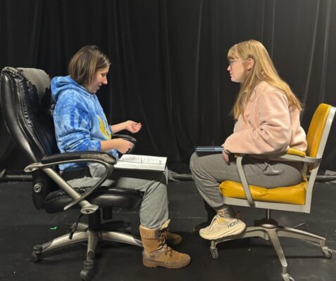 Jo Vasquez (left) and Adrienne Evans rehearse "Narrator Needed" (directed by Sydney Richardson) at Black Box Theatre.