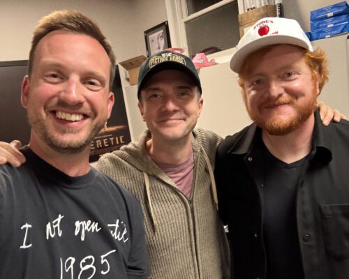Filmmakers Scott Beck (left) and Bryan Woods (right), with actor Topher Grace, who came to their downtown Davenport movie theater, Last Picture House, for a film screening and Q & A in fall 2025.