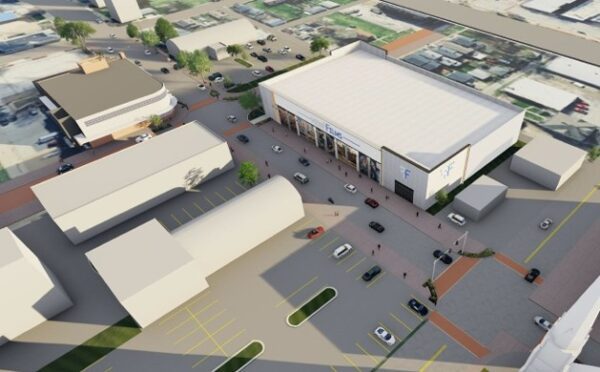 An aerial rendering of the planned new film production studio (right) with a related office/production support building (left), created by renovating a building to be acquired from MetroLINK. (Fresh Films)