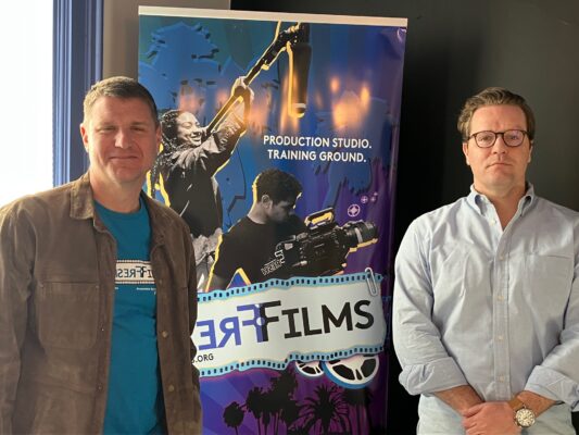 Estlin Feigley (left), Fresh Films co-founder and chief creative officer, and Michael Wiebler, head of the new Rock Island Studios, at the Fresh Films office in downtown Rock Island (photo by Jonathan Turner).