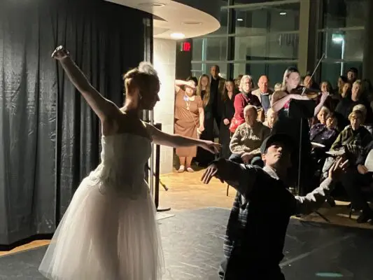 Ballet Quad Cities dancers Maddie Rhode and Marcus Pei performing for a Violins of Hope program at the Putnam, Feb. 17, 2026 (photo by Jonathan Turner).