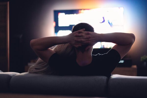 couple, dark room, watching, together, tv, television, girl, guy, man, woman, room, screen, entertainment, recreation, movies, series