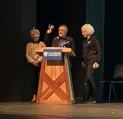 British filmmaker Stephen Shearman was presented with the first Wine & Bergren Environmental Activism Award (for "Reef Builders") on Sunday, from its namesakes, Kathy Wine and Kristin Bergren (photo by Jonathan Turner).