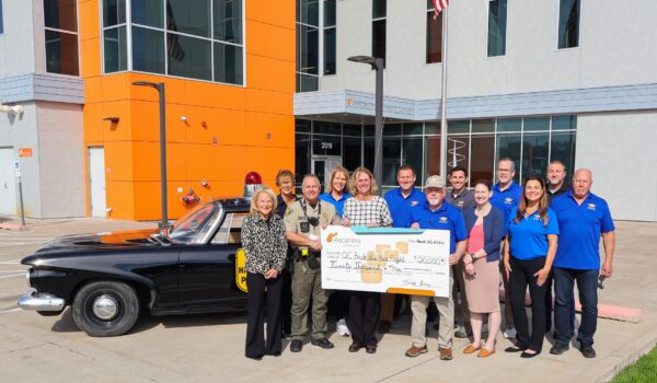 Members of Ascentra Credit Union’s present a $20,000 donation to Quad City Back the Blue Flight to support its inaugural flight Sept. 9. Pictured (from left) are Jennifer Naeve, Senior Vice President and Chief Marketing Officer, Ascentra Credit Union; Nancy Renkes, Quad City Back the Blue Flight; Curt Wilson, Board Member, Quad City Back the Blue Flight; Penny Guenther, Board Treasurer, Quad City Back the Blue Flight; Linda Andry, Ascentra president and CEO; Josh Paul, Board Member, Quad City Back the Blue Flight; Greg Keller, Board President, Quad City Back the Blue Flight; Josh Kluever, Board Member, Quad City Back the Blue Flight; Beth Grabin, Chief Financial Officer, Ascentra Credit Union; John Reynolds, Board Member, QC Back the Blue Flight; Amy Larson, Board Secretary, QC Back the Blue Flight; Barry Shaw, Community Partner Director, Ascentra Credit Union; and Gary Hoegner, Board Member, QC Back the Blue Flight.
