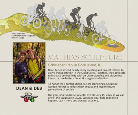 Dean and Deb Mathias will receive the Eddy Award for Lifetime Achievement, for promoting biking on Quad Cities trails. The QC Bicycle Club is raising $25,000 to create a new sculpture in their honor at Schwiebert Riverfront Park, Rock Island.