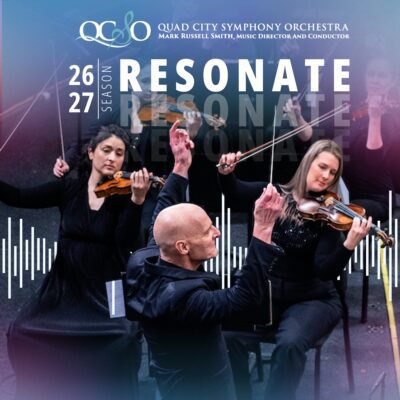 QCSO violinists Naha Greenholtz, left, and Emily Nash are featured with QCSO conductor and music director on marketing material for the new 2026-27 season announced April 11, 2026.