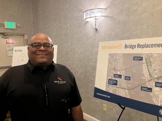 Rock Island 1st Ward Ald. Glen Evans at the third public meeting on the Centennial Bridge study, May 20, 2026 at the Rock Island Holiday Inn (photo by Jonathan Turner).