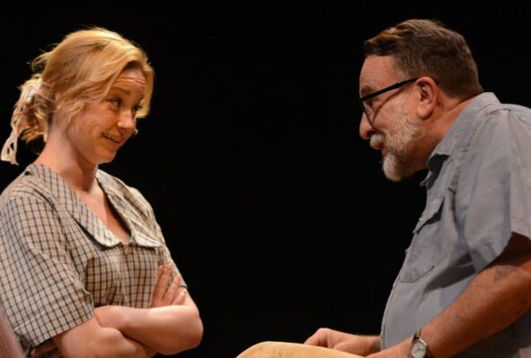 Sally Hamer as Lizzie Curry and Gary Talsky as her father, H.C., in "The Rainmaker."